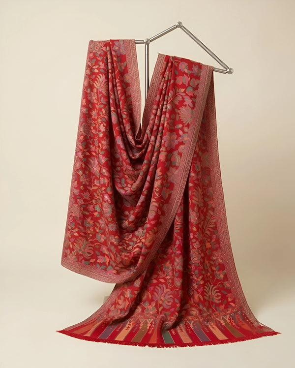 Regal Kani Weave All-Over Floral Jaal Wool Blend Red Stole | Kashmiri Inspired
