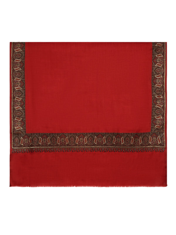 Woolen Women Shawl in Warm Red with Intricate Traditional Embroidered Border (80 x 40 Inches)