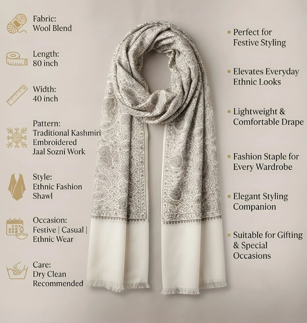 Naqsh-e-Kashmir Sozni Jaal Embroidered White Shawl | Traditional Kashmiri Wool Blend