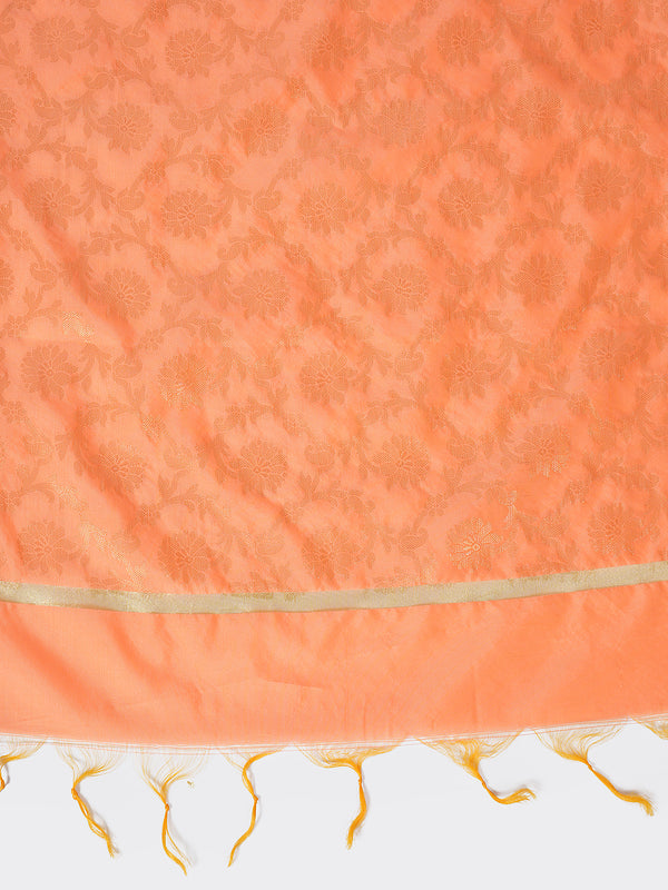 Orange Banarasi Silk Dupatta with All-Over Woven Floral Motifs & Rich Zari Border (Size: 2.5x1 m Approx)