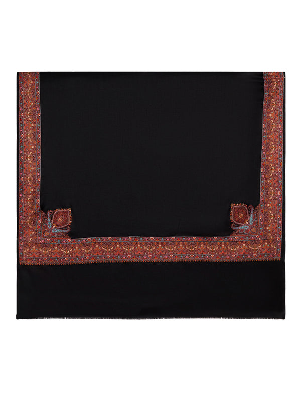 Woolen Mens Shawl in Black with Multicolour Kashmiri-Inspired Embroidered Border (80 x 40 Inches)