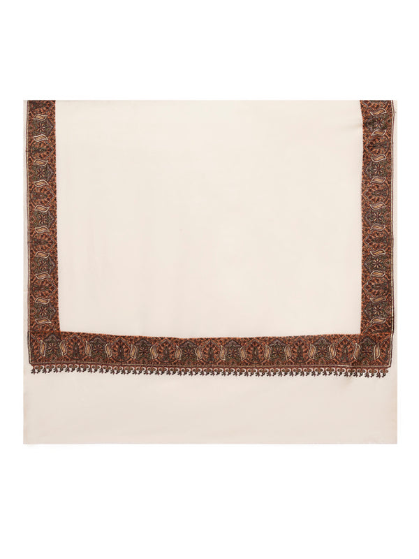 Woolen Mens Shawl in Warm White with Heritage-Inspired Embroidered Border (80 x 40 Inches)