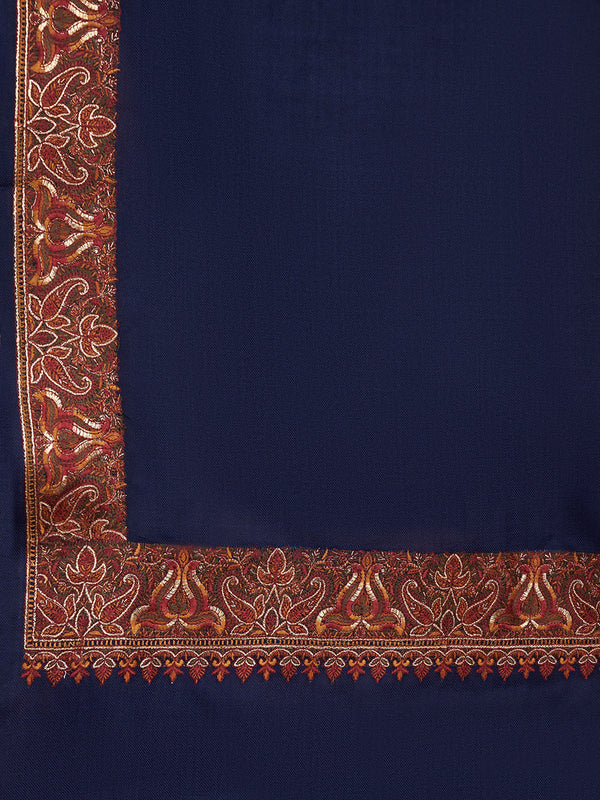 Blue Woolen Mens Shawl with Traditional Multicolour Embroidered Border (80 x 40 Inches)