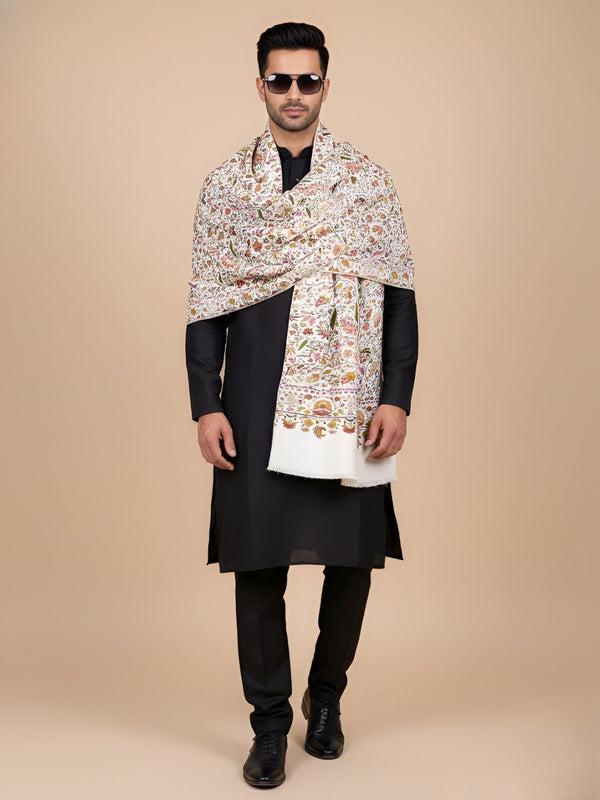 Bamboo Silk White Kashmiri Mens Stole with Classic Paisley Weave | Elegant Ethnic Accessory | 80×28 Inches