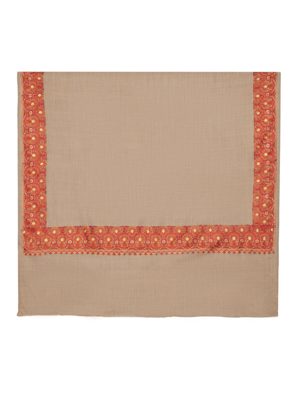 Brown Woolen Women Shawl with Traditional Embroidered Border (80 x 40 Inches)