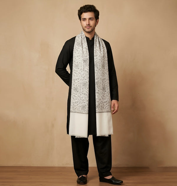 Mir-e-Khas Kashmiri Sozni Jaal White Shawl for Men – Wool Blend