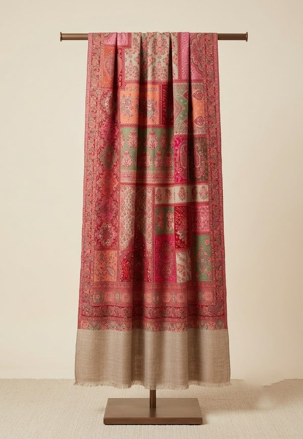 Regal Multicolor Patchwork Kani Jacquard Woven Wool Blend Beige Stole