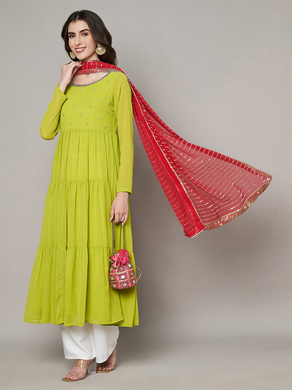 Red Chinon Dupatta with Gold Stripe Sequin Work & Gota Border (Size: 2.5x1 m Approx)