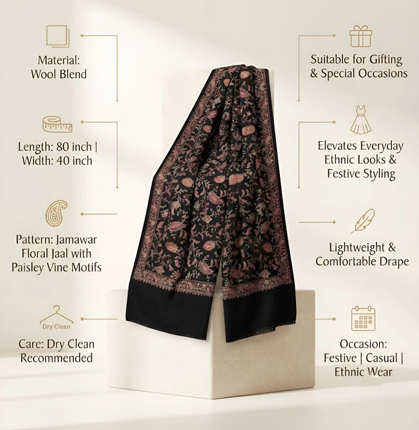 Naqsh-e-Kashmir Inspired Jamawar Floral Paisley Vine Wool Blend Black Shawl