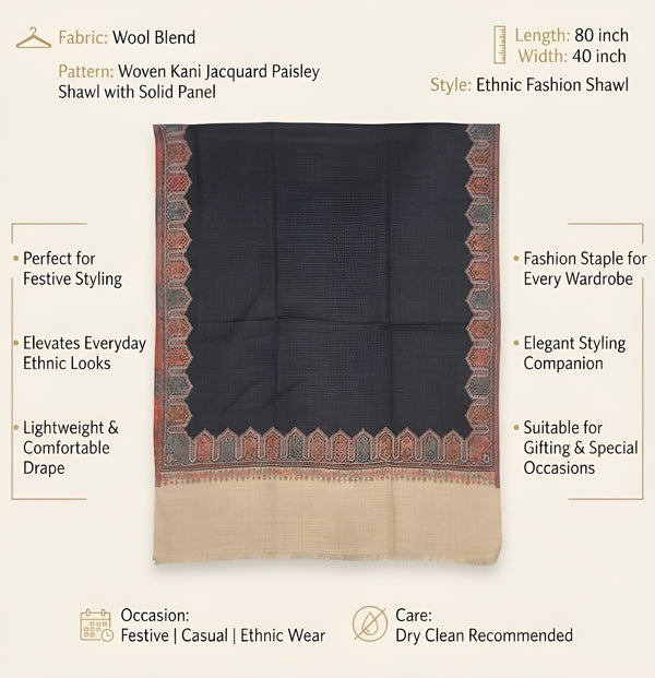 Naqsh-e-Kashmir Woven Kani Jacquard Grey Shawl with Solid Panel & Traditional Border