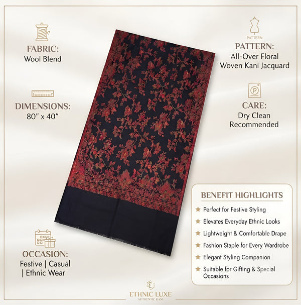 Naqsh-e-Kashmir All-Over Floral Woven Kani Jacquard Wool Blend Black Shawl