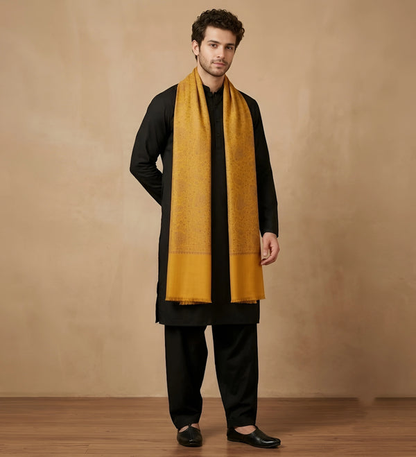 Mir-e-Khas Kashmiri Sozni Jaal Yellow Shawl for Men – Wool Blend