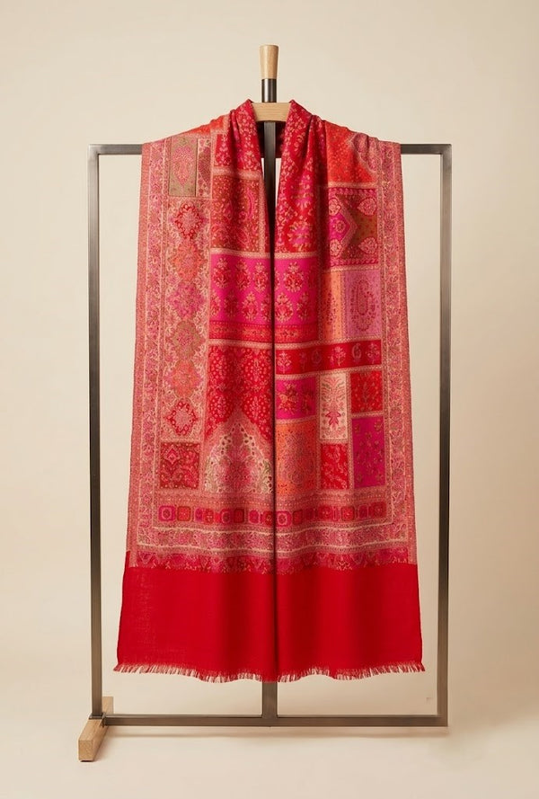 Regal Multicolor Patchwork Kani Jacquard Woven Wool Blend Red Stole