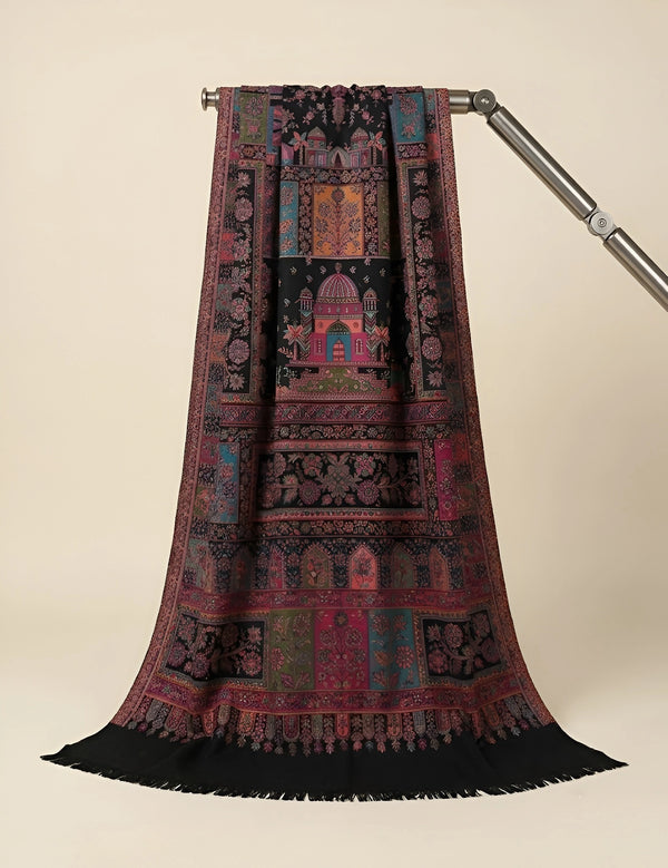 Regal Kani Weave Mughal Architecture & Floral Garden Wool Blend Black Stole