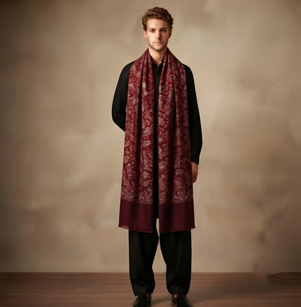 Mir-e-Khas Men's Kashmir-Inspired Jamawar Floral Paisley Vine Maroon Shawl
