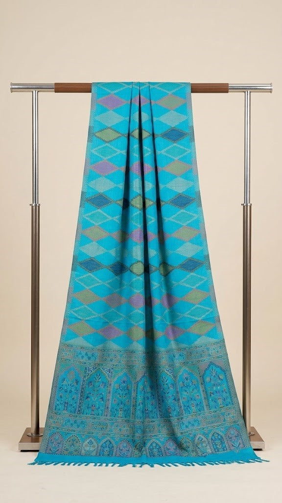 Reserve Mens Wool Blend Multicolor Geometric Diamond Jacquard TealStole with Mughal Floral Border