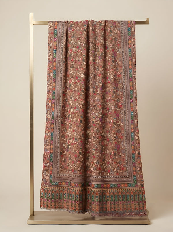 Reserve Mens All-Over Kalamkari Floral Print Bamboo Silk Brown Stole