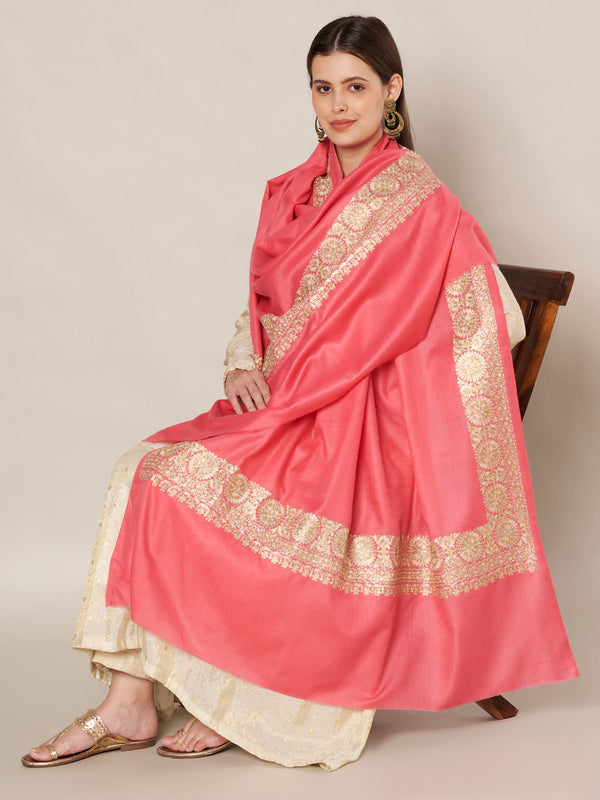 Pink Woolen Women Shawl with Gold Border – 80x40 Inches
