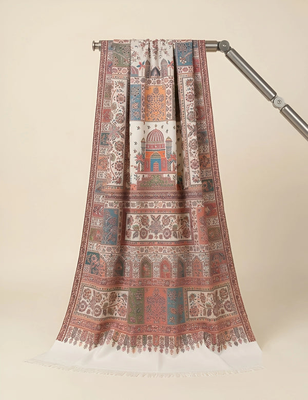 Noble Kani Weave Mughal Architecture & Floral Garden Wool Blend White Stole
