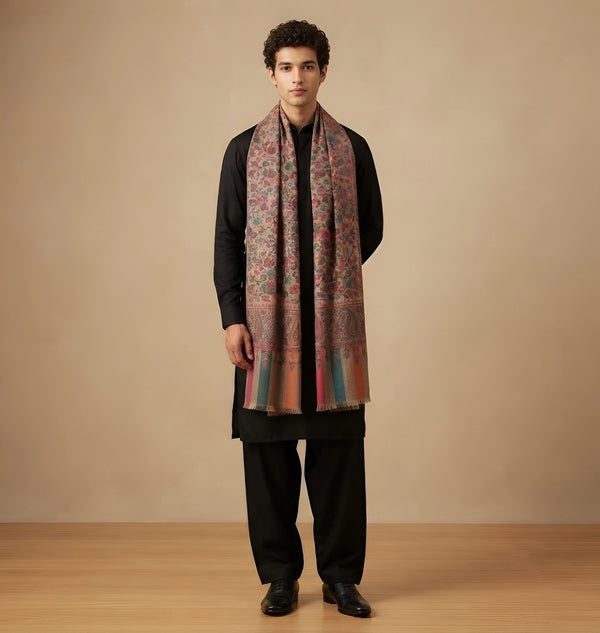 Mir-e-Khas Traditional Kashmiri Kani Weave Brown Shawl for Men – Wool Blend