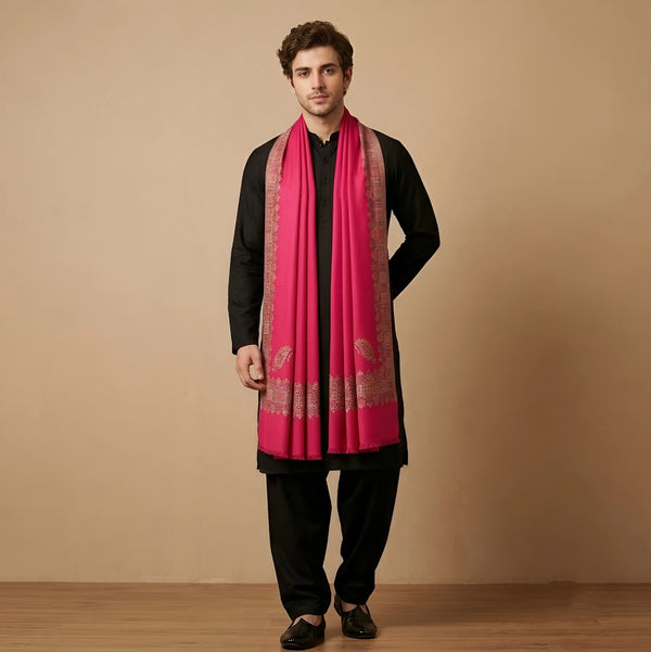 Mir-e-Khas Men's Kashmir-Inspired Kani Paisley & Geometric Border Wool Blend Red Shawl