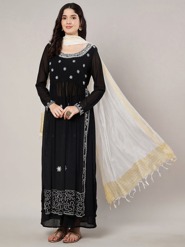 White Chanderi Silk Dupatta with Gold Border & Tassels (Size: 2.5x1 m Approx)