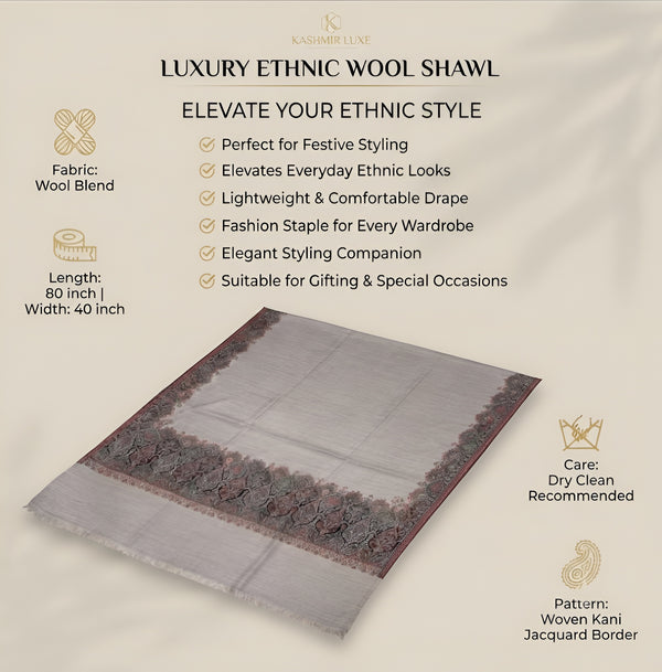 Naqsh-e-Kashmir Woven Kani Jacquard Border Grey Shawl | Wool Blend