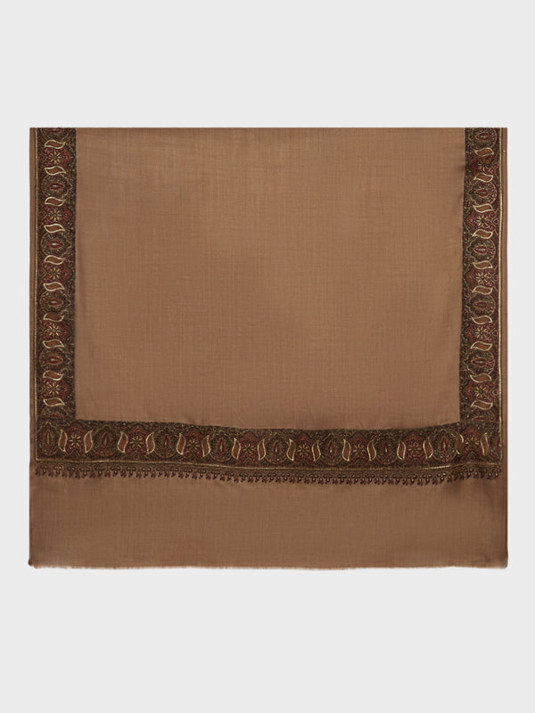Woolen Mens Shawl in Warm Mocha Brown with Heritage-Inspired Embroidered Border (80 x 40 Inches)