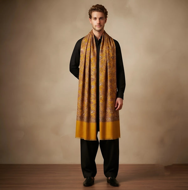 Mir-e-Khas Men's Kashmir-Inspired Jamawar Floral Paisley Vine Yellow Shawl