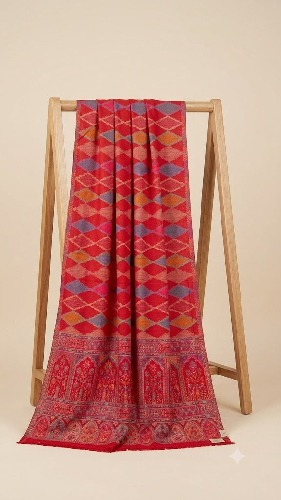 Reserve Mens Wool Blend Multicolor Geometric Diamond Jacquard Red Stole with Mughal Floral Border