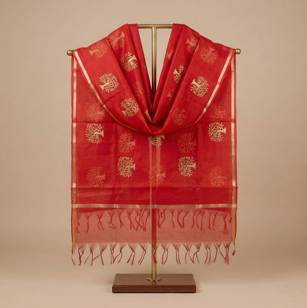 Elegant Red Cotton Zari Buta Dupatta | Lightweight Ethnic Drape