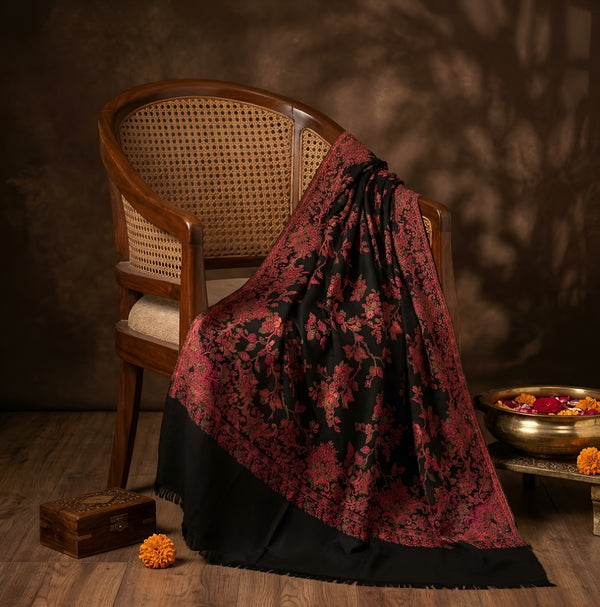 Naqsh-e-Kashmir All-Over Floral Woven Kani Jacquard Wool Blend Black Shawl