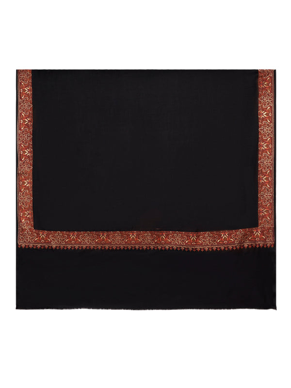 Black Woolen Mens Shawl with Traditional Multicolour Embroidered Border (80 x 40 Inches)