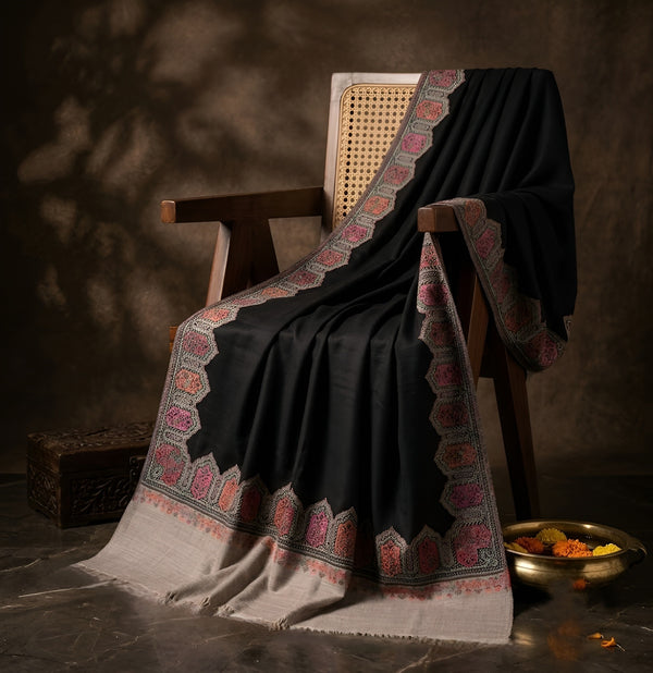 Naqsh-e-Kashmir Woven Kani Jacquard Black Shawl with Solid Panel & Traditional Border