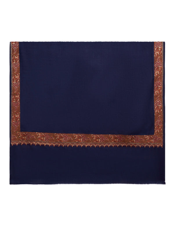 Woolen Women Shawl in Blue with Embroidered Traditional Border (80 x 40 Inches)