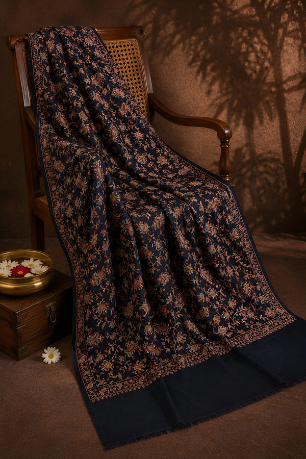 Naqsh-e-Kashmir Inspired Jamawar Floral Paisley Vine Wool Blend Blue Shawl
