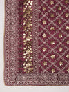 Maroon Georgette Dupatta with Gold Foil Booti & Lace Border (Size: 2.5x1 m Approx)