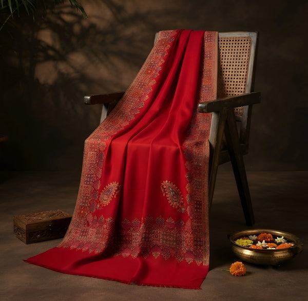 Naqsh-e-Kashmir Inspired Kani Paisley & Geometric Border Wool Blend Red Shawl