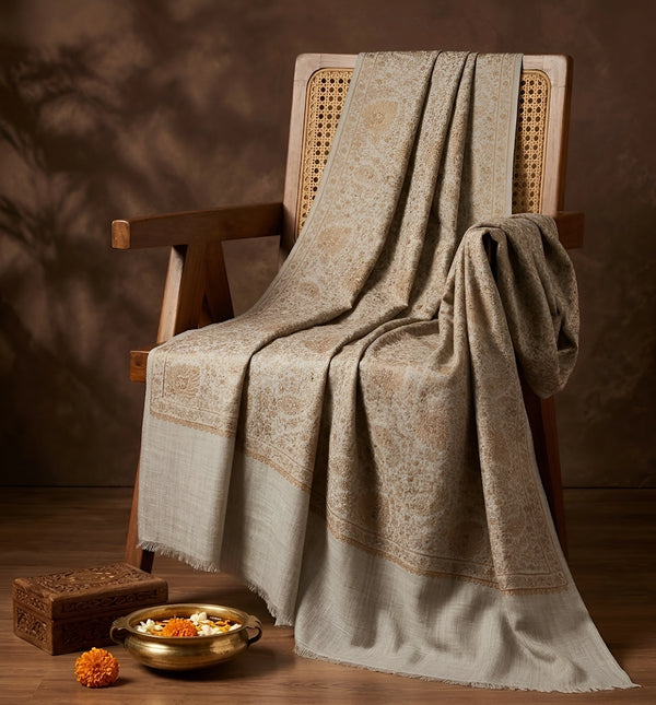 Naqsh-e-Kashmir Sozni Jaal Embroidered Grey Shawl | Traditional Kashmiri Wool Blend