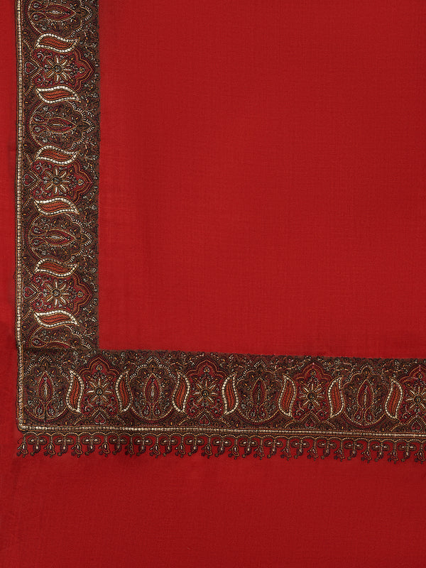 Woolen Women Shawl in Warm Red with Intricate Traditional Embroidered Border (80 x 40 Inches)