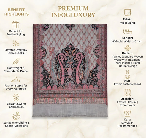 Naqsh-e-Kashmir Inspired Paisley Jacquard Grey Shawl with Kani-Inspired Floral Border