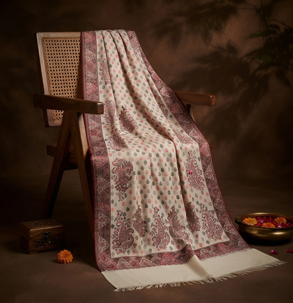 Naqsh-e-Kashmir Kani Woven All-Over Paisley Jacquard White Shawl