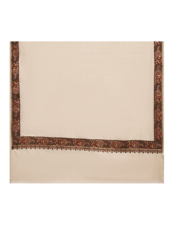 Woolen Women Shawl in Beige with Embroidered Traditional Border (80 x 40 Inches)
