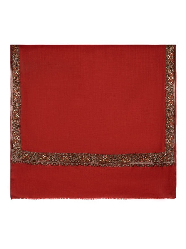 Red Woolen Women Shawl with Traditional Multicolour Embroidered Border (80 x 40 Inches)