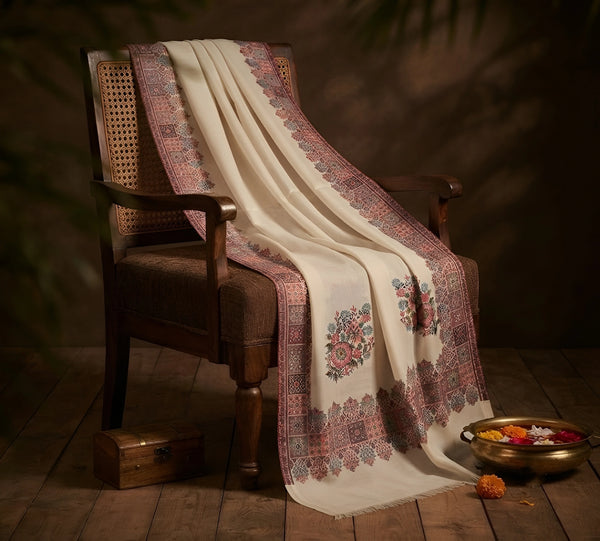 Mir-e-Khas Men's Kashmir-Inspired Kingri Jacquard Woven White Shawl with Floral Border
