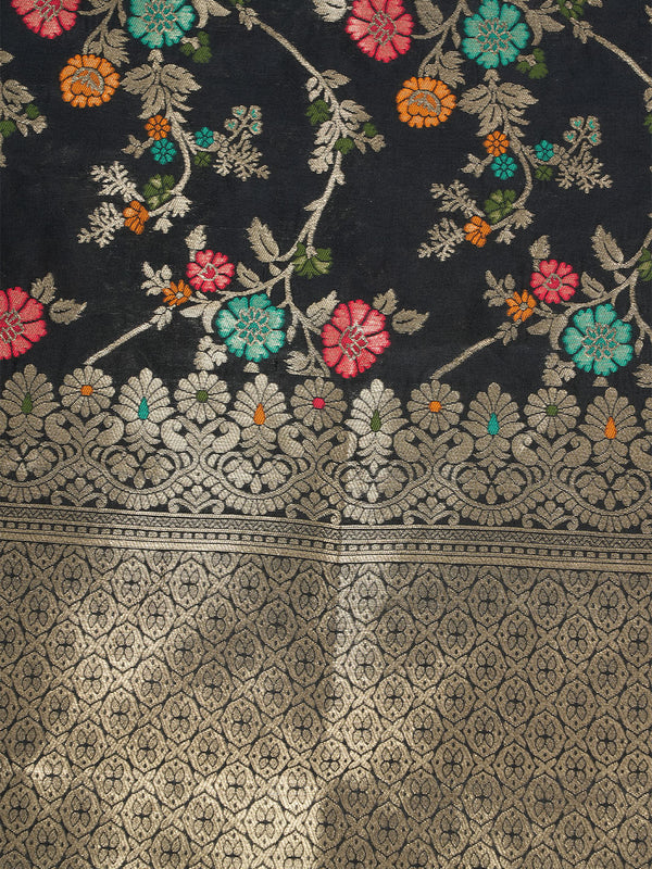 Black Paithani Silk Dupatta with Multicolour Floral Zari Weave (Size: 2.5x1 m Approx)