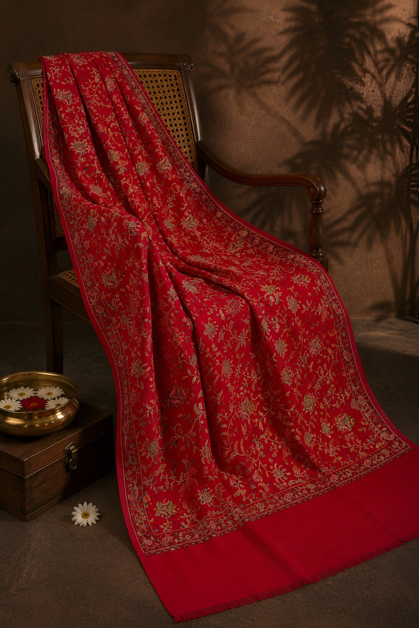 Naqsh-e-Kashmir Inspired Jamawar Floral Paisley Vine Wool Blend Red Shawl