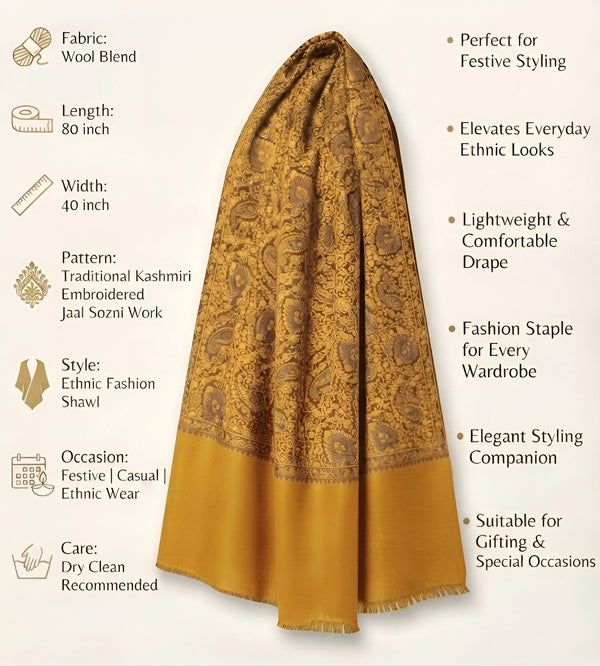 Mir-e-Khas Kashmiri Sozni Jaal Yellow Shawl for Men – Wool Blend