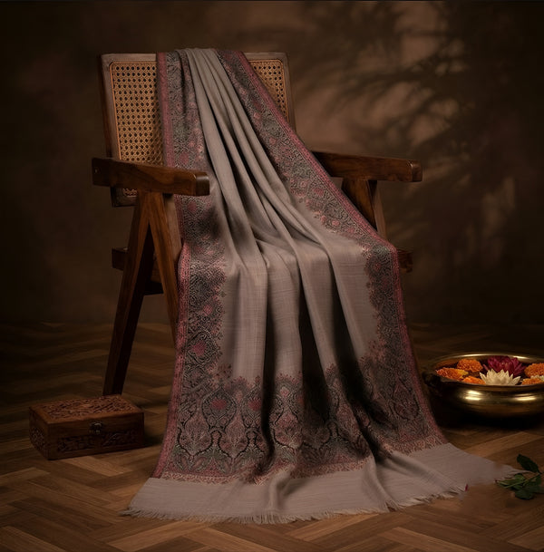 Naqsh-e-Kashmir Woven Kani Jacquard Border Grey Shawl | Wool Blend