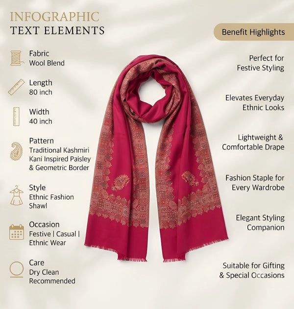 Mir-e-Khas Men's Kashmir-Inspired Kani Paisley & Geometric Border Wool Blend Red Shawl